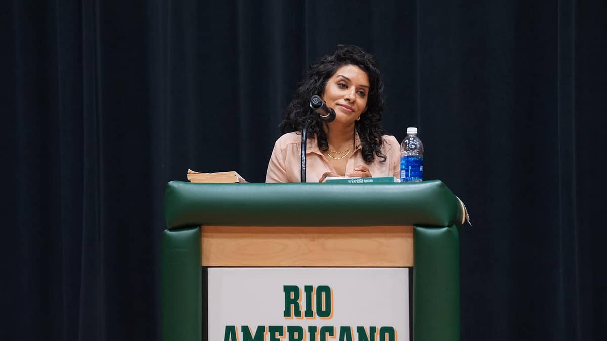 Rio alumna and "Lucky Boy" author Shanthi Sekaran speaks to AP English students about her work on Aug. 27 in the PAC.