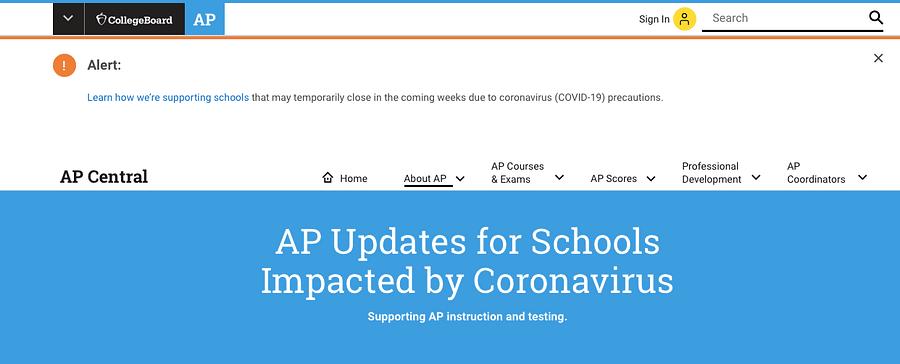 A screenshot of the college board website informing high school students of changes within AP testing this year related to COVID-19.